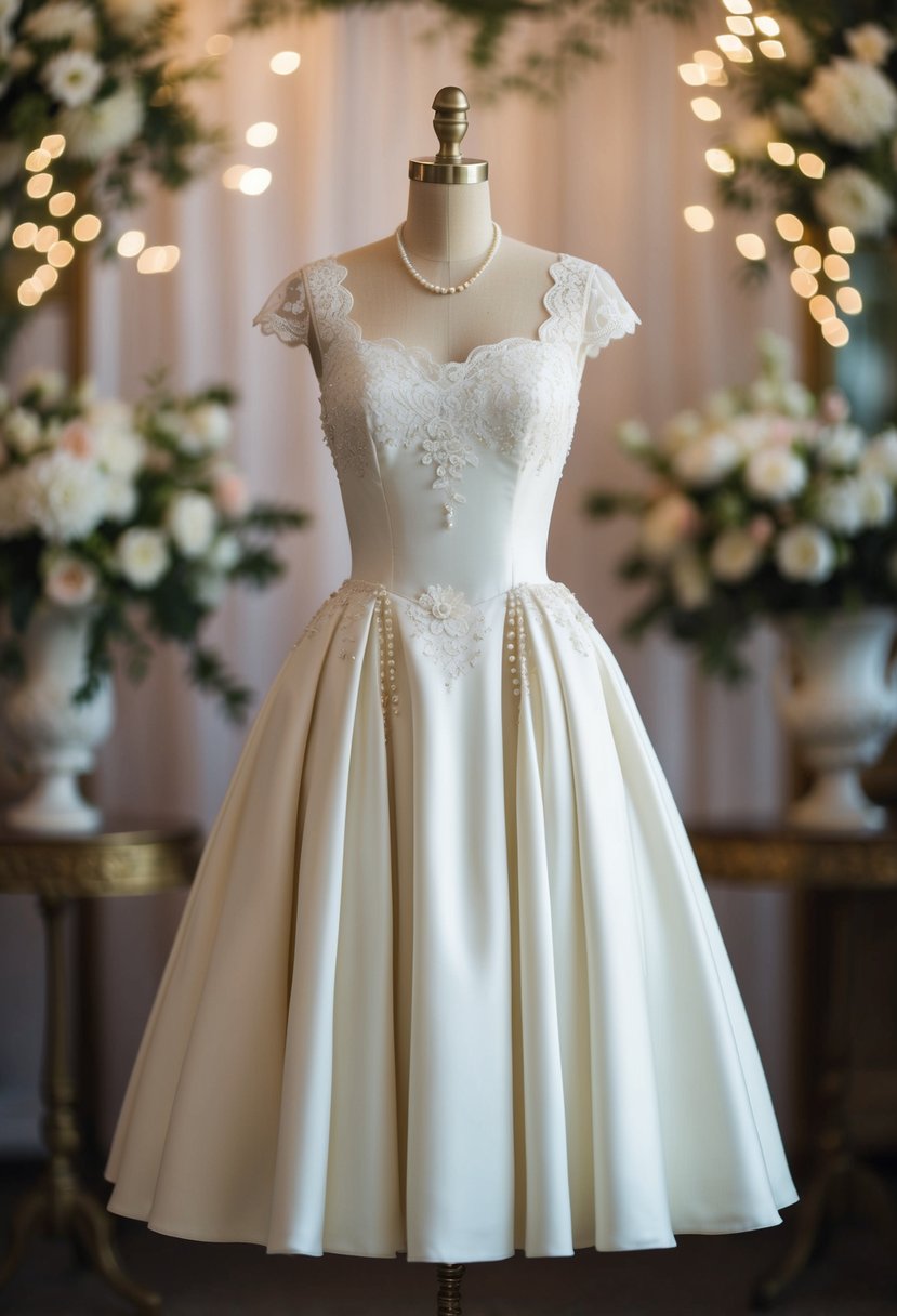 A tea-length dress with a fitted bodice and full skirt, adorned with lace and pearl details, set against a backdrop of a vintage-inspired wedding setting