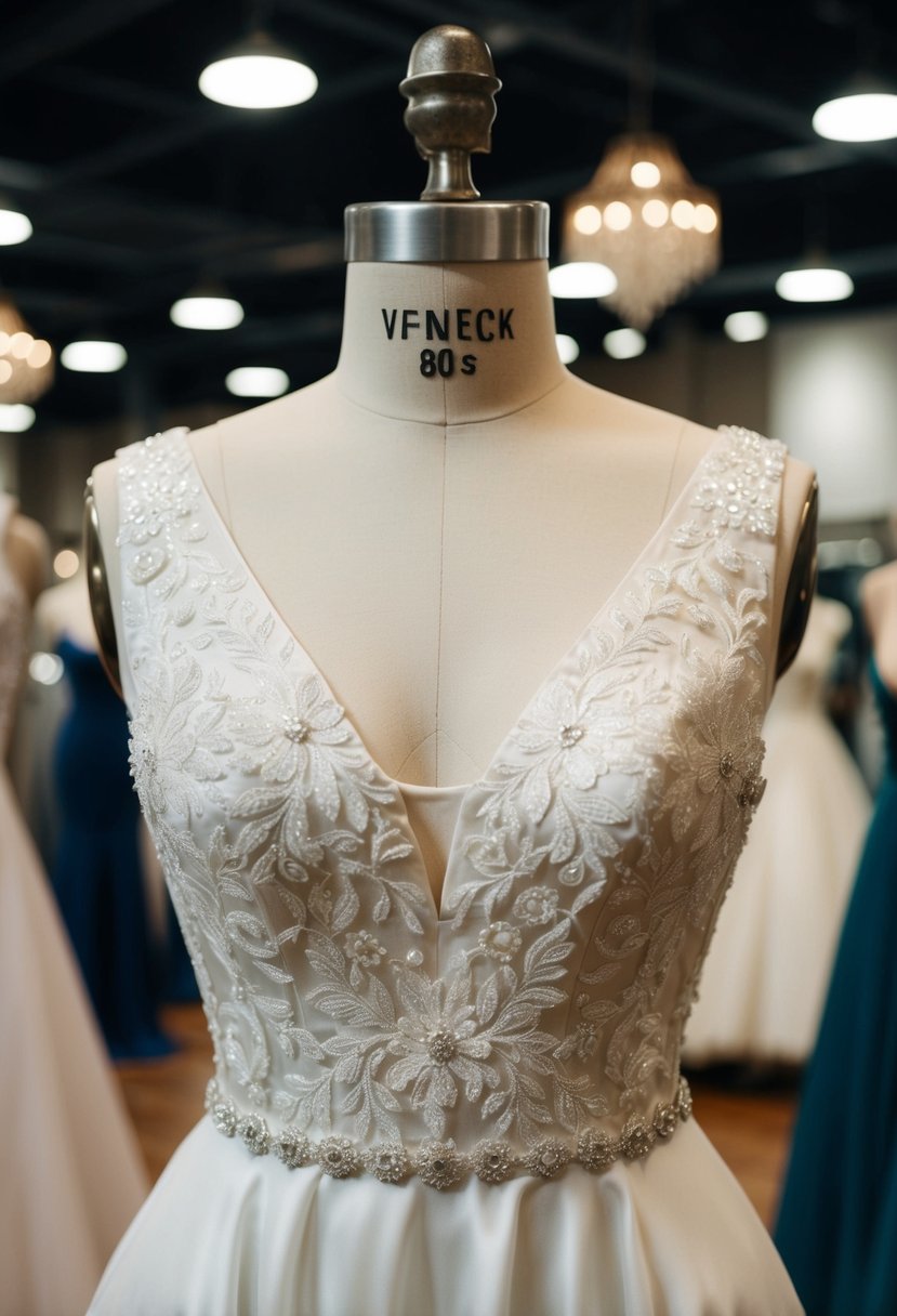 An elegant V-neck 80s wedding dress displayed on a vintage mannequin