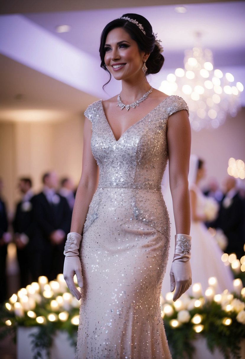 A sparkling sequined gown with matching gloves, shimmering under the soft glow of lights at a glamorous wedding event