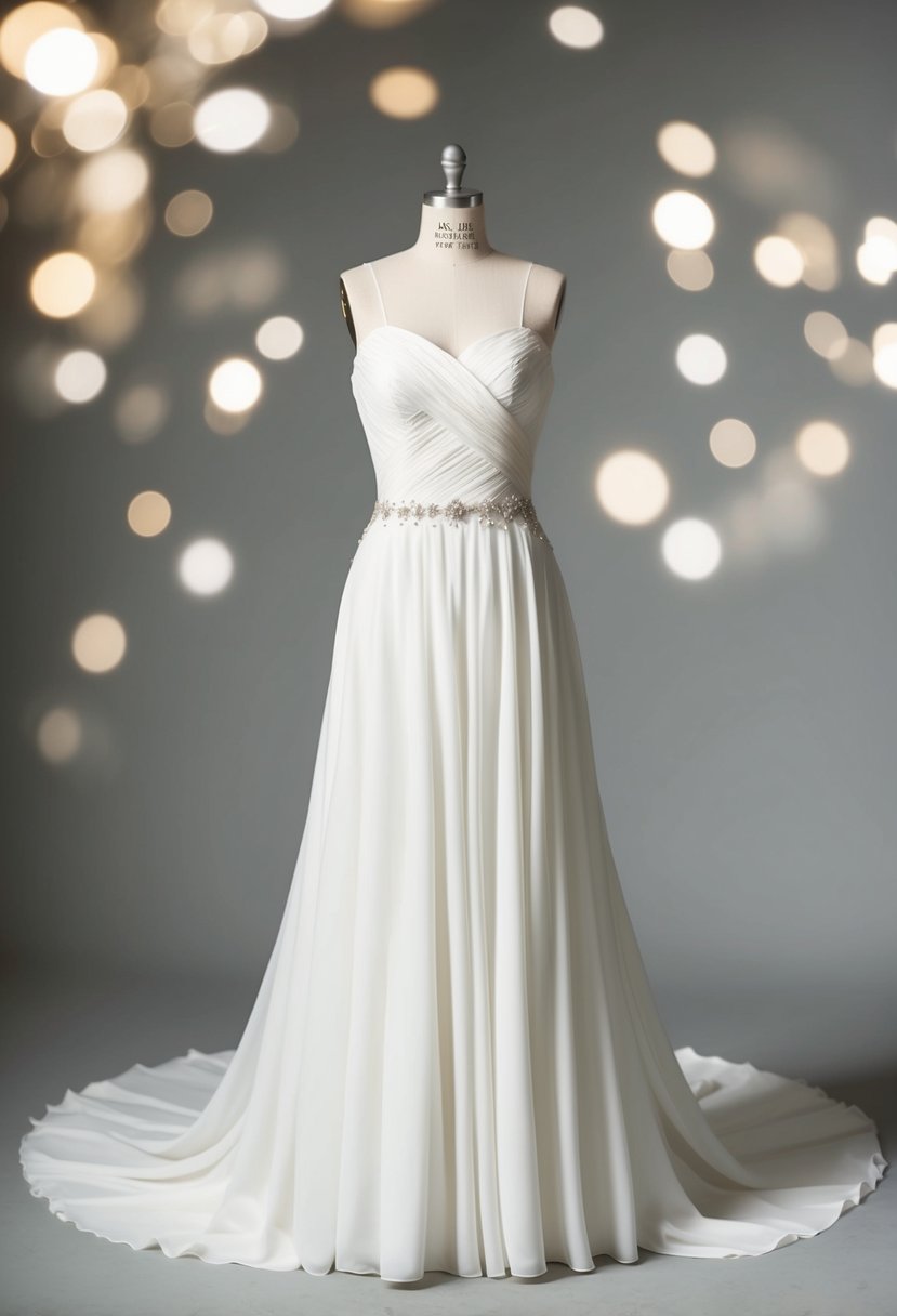 A simple 80s-style wedding gown with a fitted bodice and flowing skirt, adorned with minimal embellishments