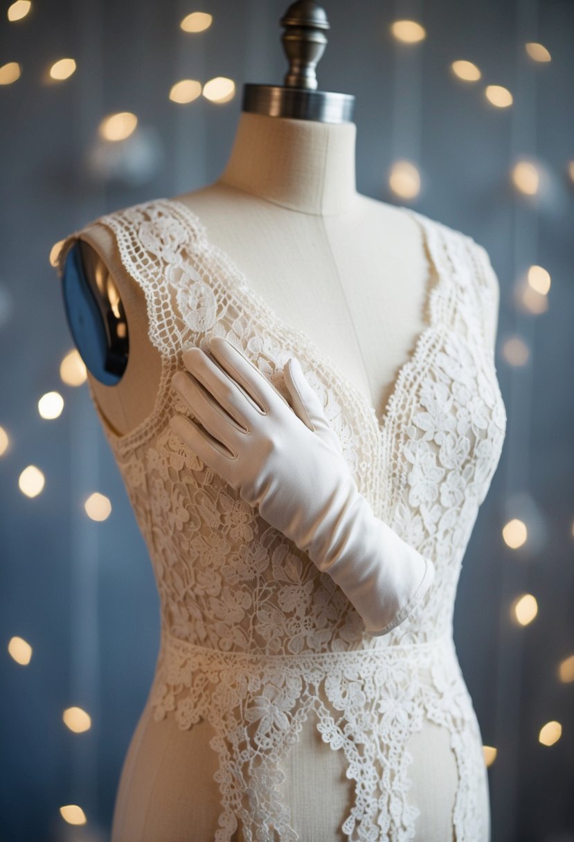 A delicate lace dress draped over a vintage mannequin, adorned with ivory fingerless gloves