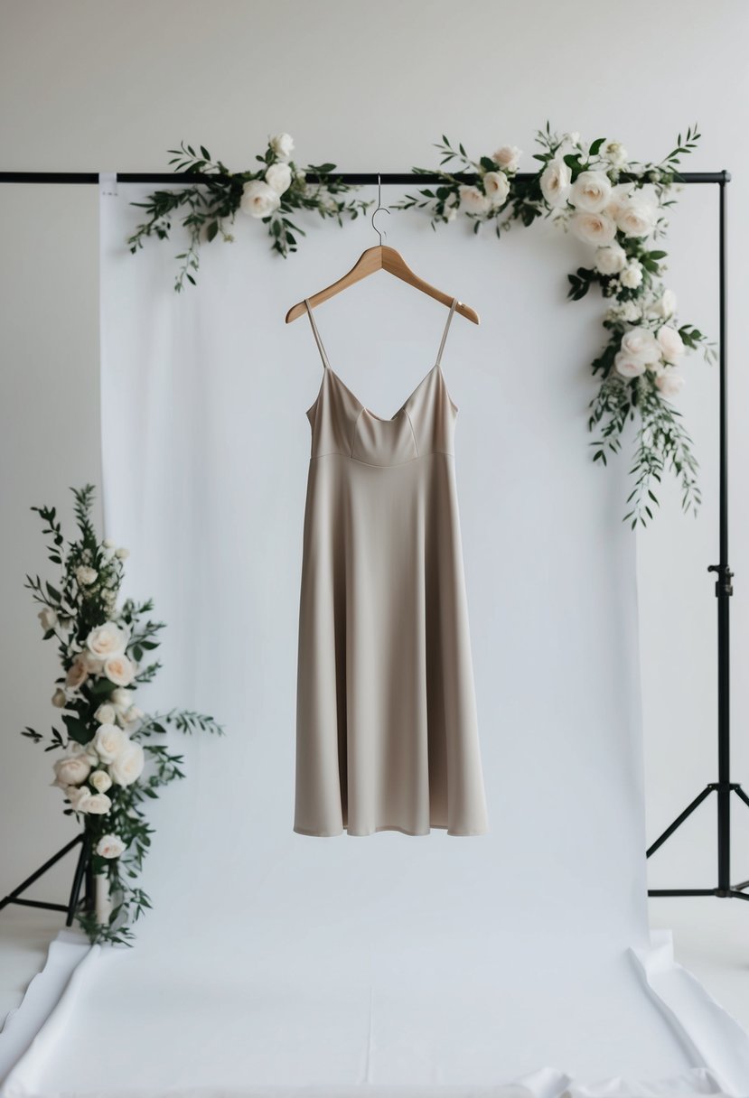 A simple slip dress paired with white gloves, set against a minimalist backdrop of soft lighting and delicate floral accents