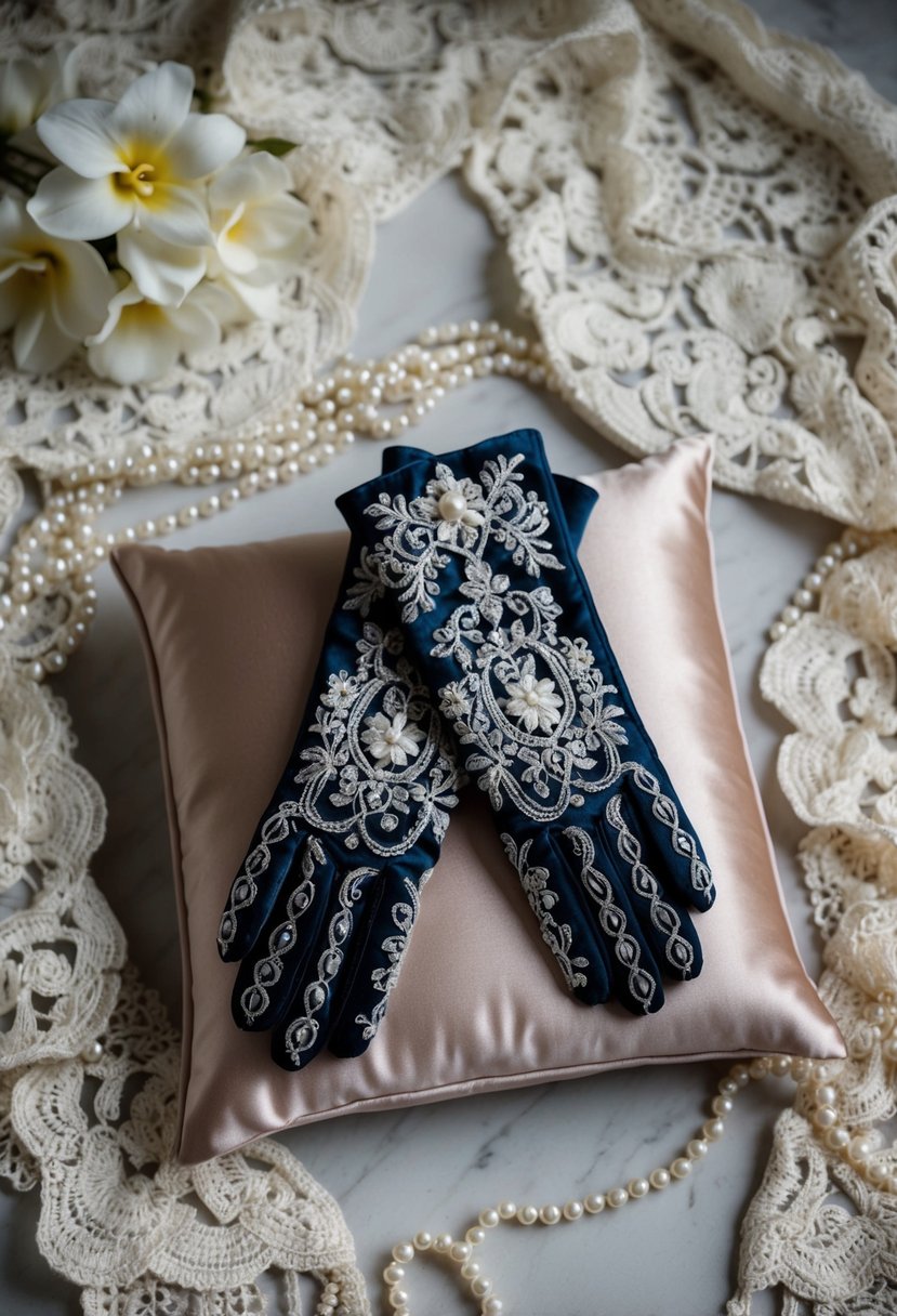 A pair of intricately embroidered gloves rests on a satin cushion, surrounded by delicate lace and pearls