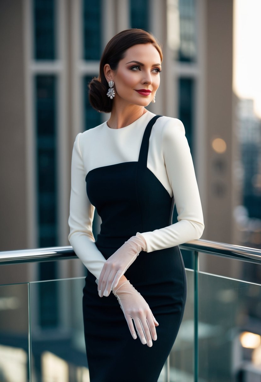 A sleek sheath dress paired with short sheer gloves, exuding effortless chic