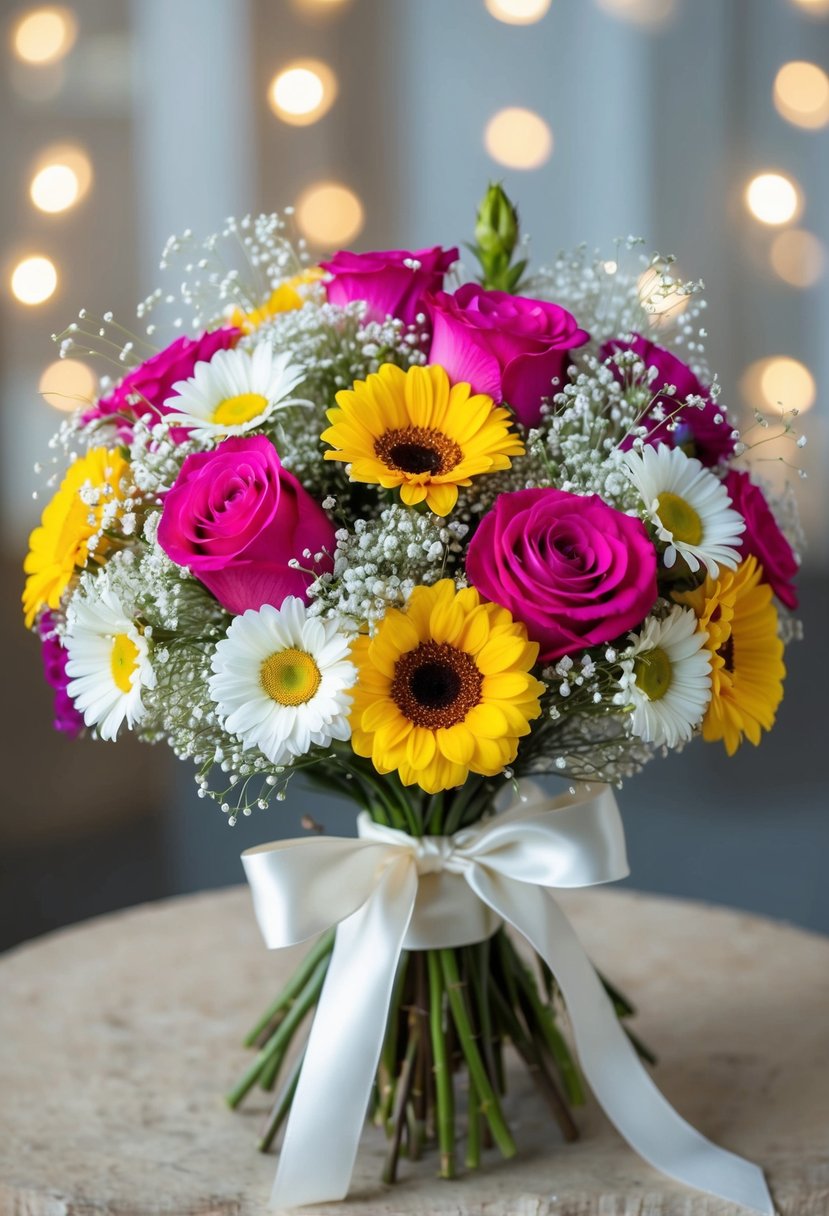 A vibrant bouquet of colorful roses, daisies, and baby's breath tied with a satin ribbon. Sparkling sequins and pearls add a touch of glam