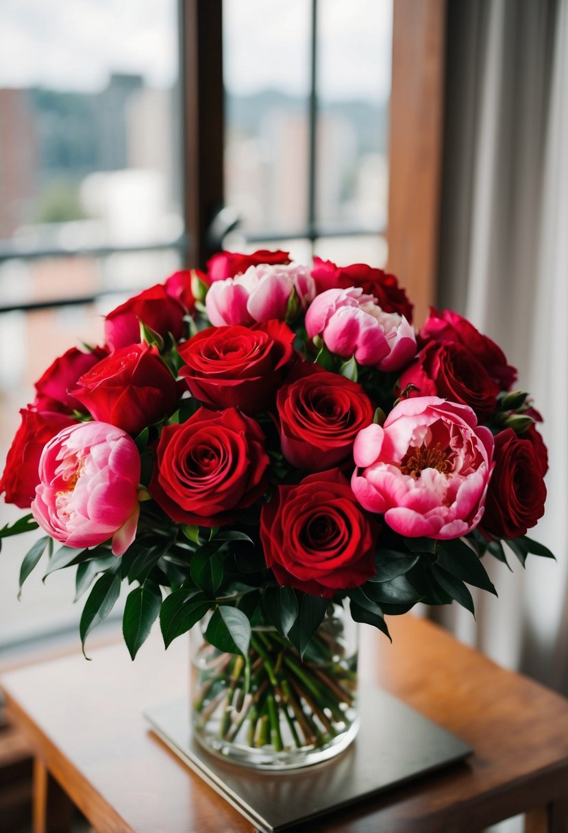 A lush bouquet of red roses and pink peonies arranged in a vintage 80s style