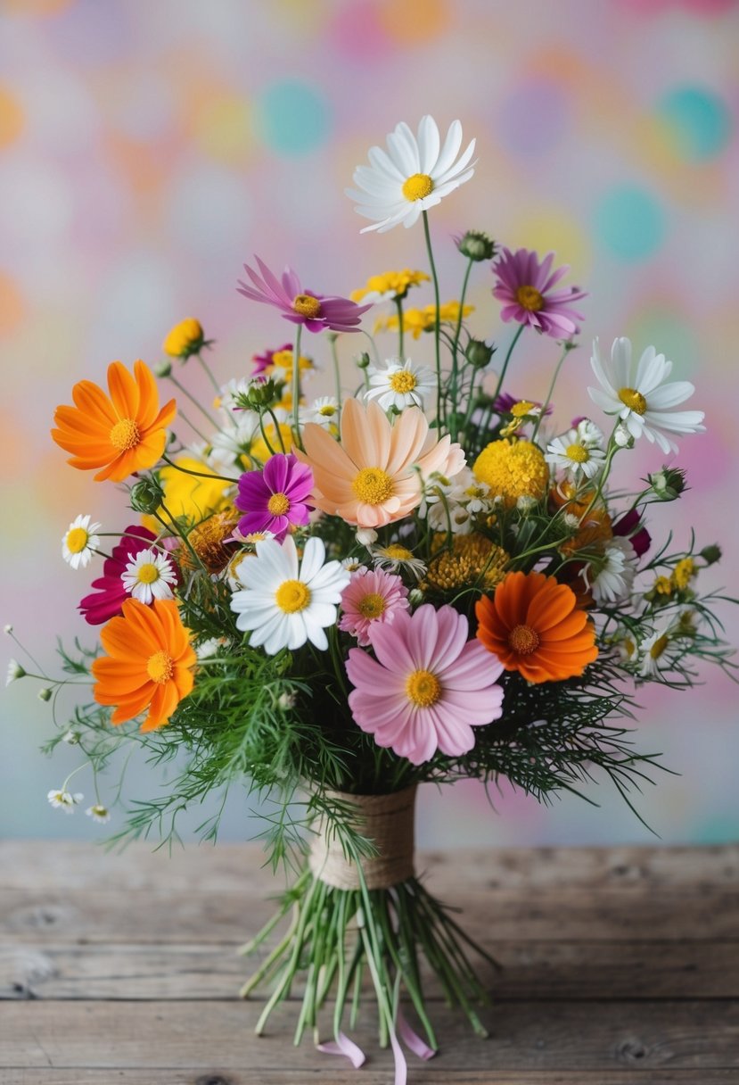 A vibrant bouquet of cosmos, daisies, and wildflowers in a mix of pastel and bold 80s-inspired colors, arranged in a loose, natural style