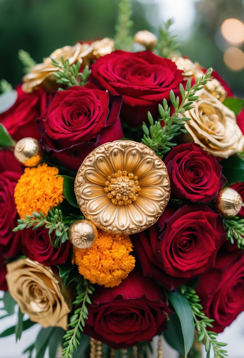 An ornate gold and red wedding bouquet with jasmine, marigold, and roses