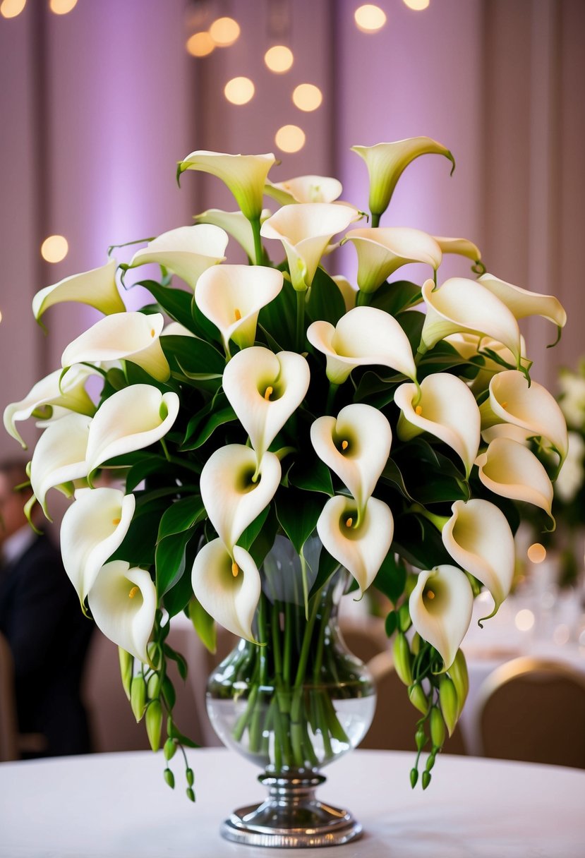 A vase of elegant white calla lilies arranged in a cascading bouquet, with soft lighting evoking a romantic 80s wedding atmosphere