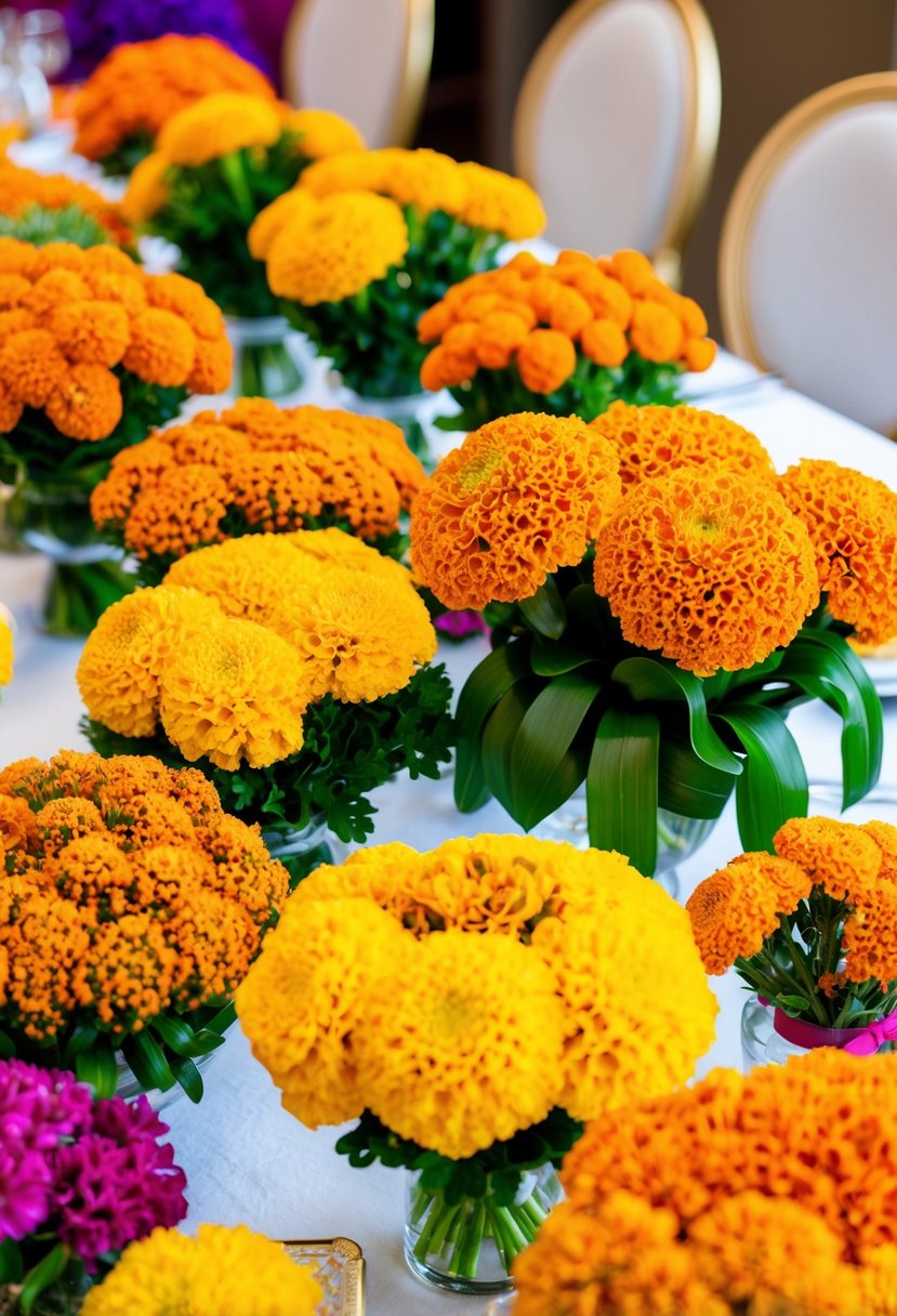 A table adorned with vibrant marigold bouquets in various sizes and arrangements, creating a colorful and festive display