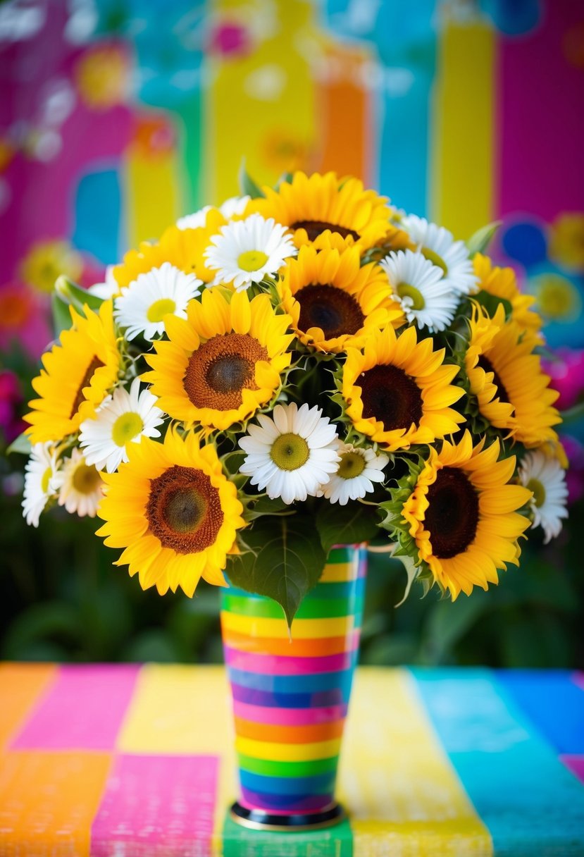 A vibrant bouquet of sunflowers and daisies arranged in a retro 80s style, bursting with bright colors and playful energy