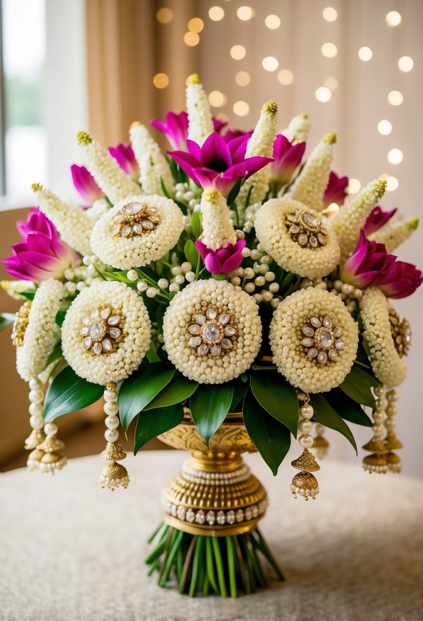 A vibrant bouquet of jasmine gajras, adorned with delicate pearls and gold accents, arranged in an elegant and traditional Indian style