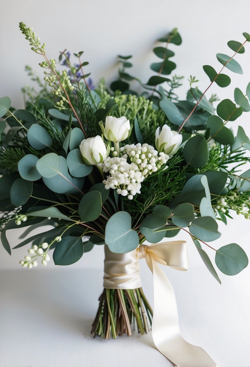 A lush, eucalyptus-enriched greenery bouquet, accented with delicate white flowers, tied with a satin ribbon, evoking 80s wedding elegance