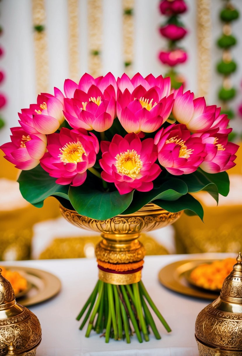 A vibrant bouquet of royal lotus posies arranged in an ornate Indian wedding style