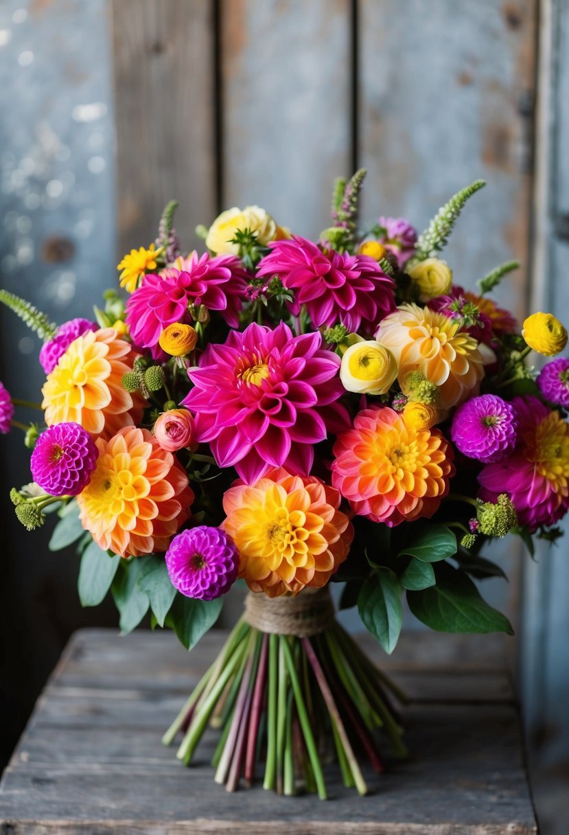 A vibrant bouquet of dahlias and ranunculus arranged in a rustic, 80s-inspired style