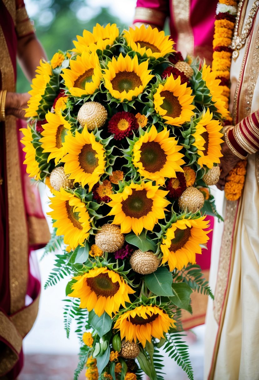 Vibrant sunflower bunches arranged in a cascading bouquet, accented with traditional Indian wedding colors and intricate gold details