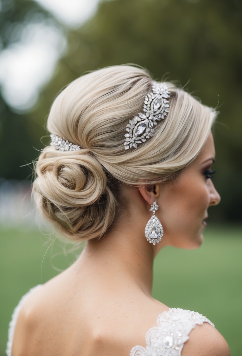 A bride's elegant low bun adorned with sparkling wedding earrings