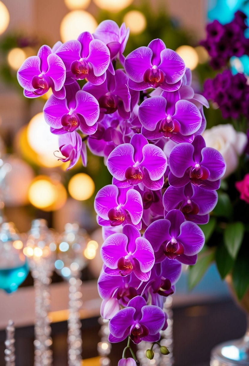 A vibrant bouquet of cascading orchids and roses in a retro 80s style