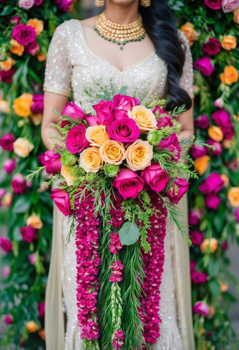 A vibrant, cascading bouquet of lush rose garlands, intertwined with delicate greenery and vibrant blooms, creating a stunning Indian bride wedding bouquet