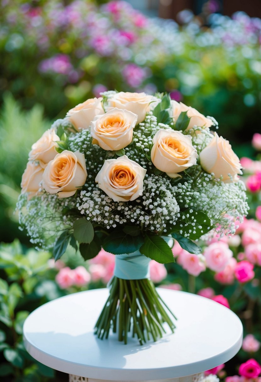 A lush bouquet of garden roses and baby's breath, arranged in a nostalgic 80s style