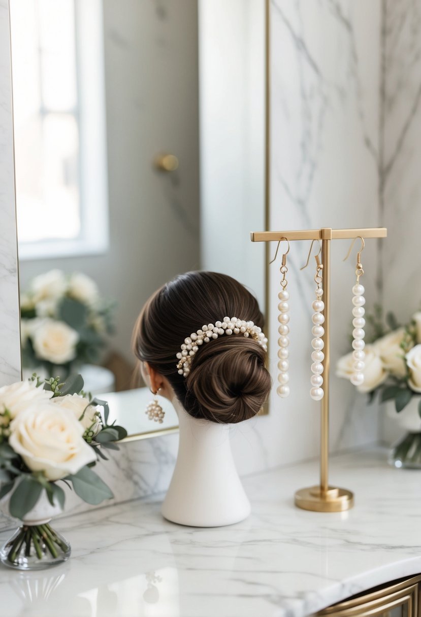 A white marble vanity displays elegant pearl drop earrings next to a low bun hairstyle, creating a perfect wedding look