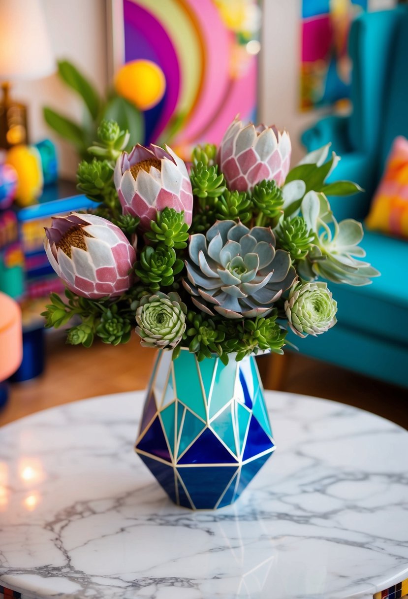 A vibrant bouquet with protea and succulents in a geometric vase on a marble table, surrounded by retro 80s decor