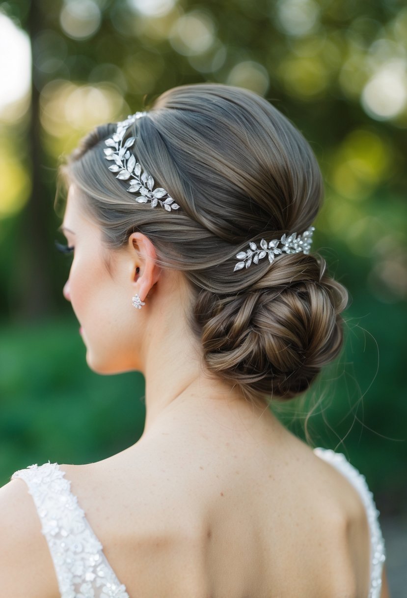 A bride's low bun hairstyle with sparkling stud earrings