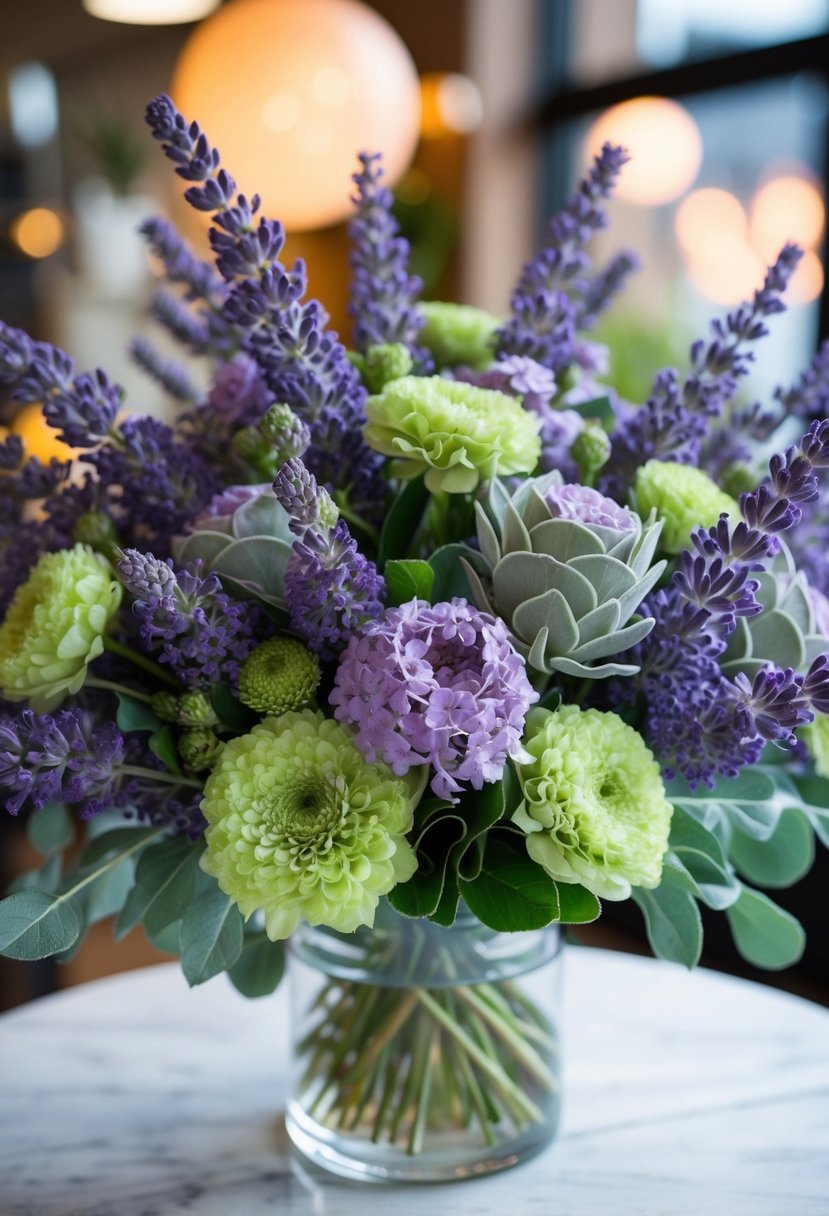 A vibrant bouquet of lavender and sage green flowers arranged in an 80s-inspired fusion style