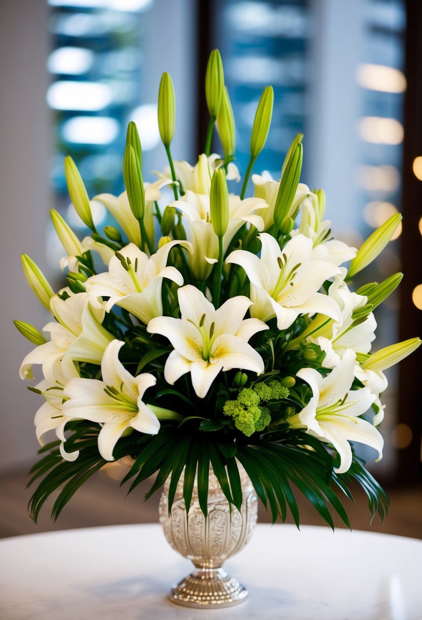 A bouquet of pure white lily stems arranged in an elegant and intricate design, perfect for an Indian bride's wedding