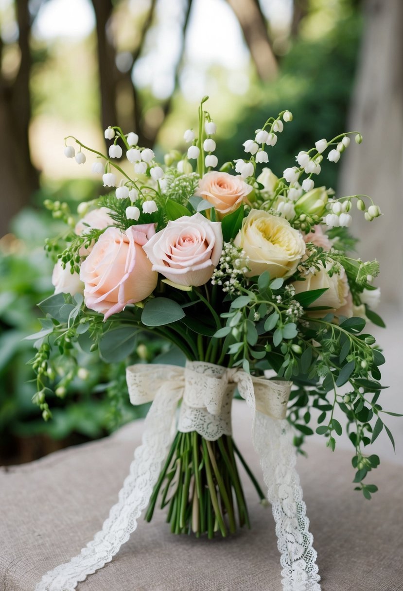 A vintage-inspired wedding bouquet featuring Lily of the Valley, soft pastel roses, and cascading greenery, tied with a delicate lace ribbon