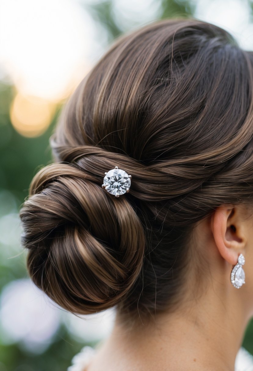 A close-up of diamond solitaire earrings nestled in a low bun hairstyle, perfect for a wedding