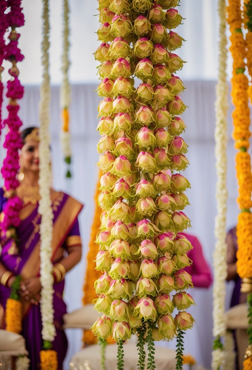 A cascading bouquet of fragrant tuberose chains, accented with vibrant Indian wedding colors