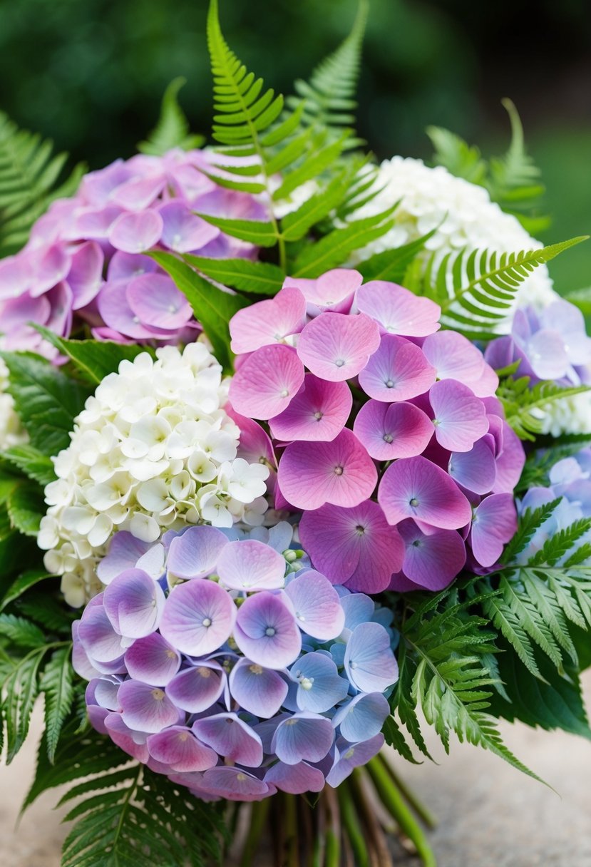 A vibrant bouquet of hydrangeas with delicate fern accents, evoking 80s wedding elegance