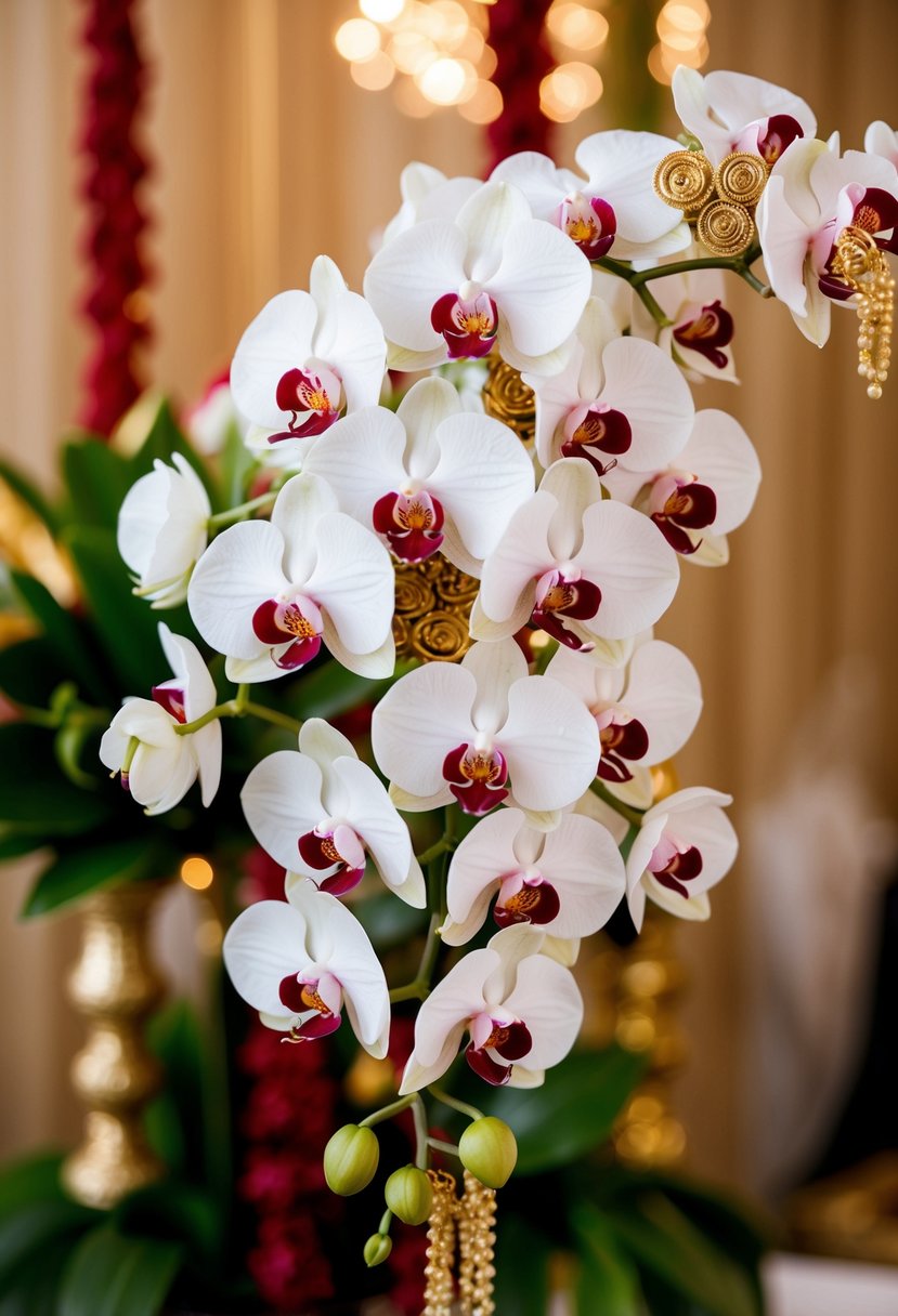 A cluster of delicate orchids arranged in a cascading bouquet, adorned with intricate gold and red accents, perfect for an Indian bride's wedding