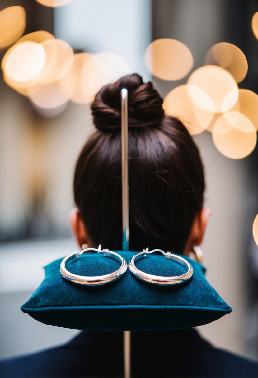 A pair of classic silver hoop earrings resting on a velvet cushion, with a low bun hairstyle in the background