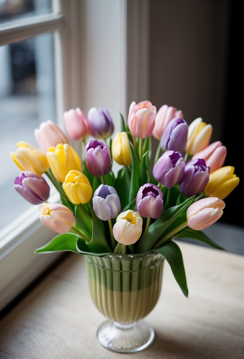 A bouquet of classic tulips in pastel tones, arranged in a vintage 80s style, with soft pinks, purples, and yellows