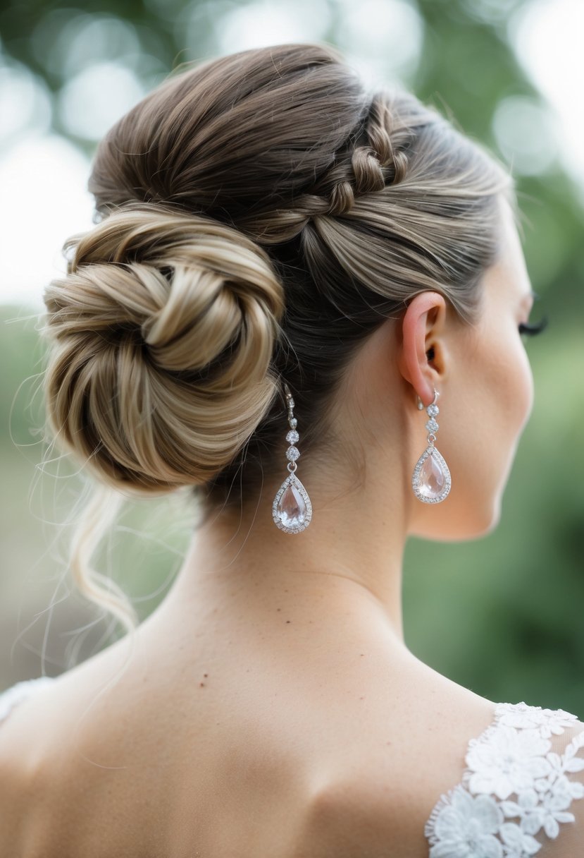 A delicate pair of teardrop earrings hanging from a low bun hairstyle, perfect for a wedding