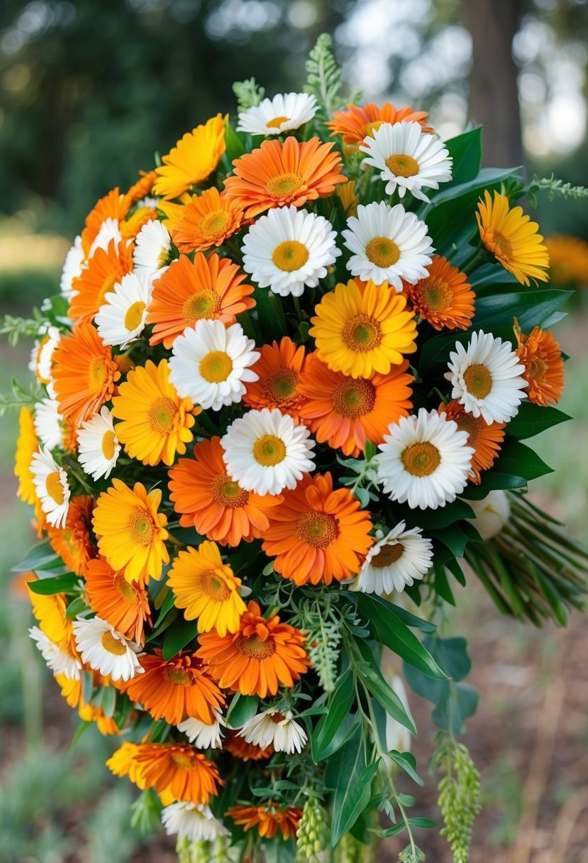 A vibrant bouquet of daisy clusters in shades of yellow, orange, and white, arranged in a cascading style with green foliage