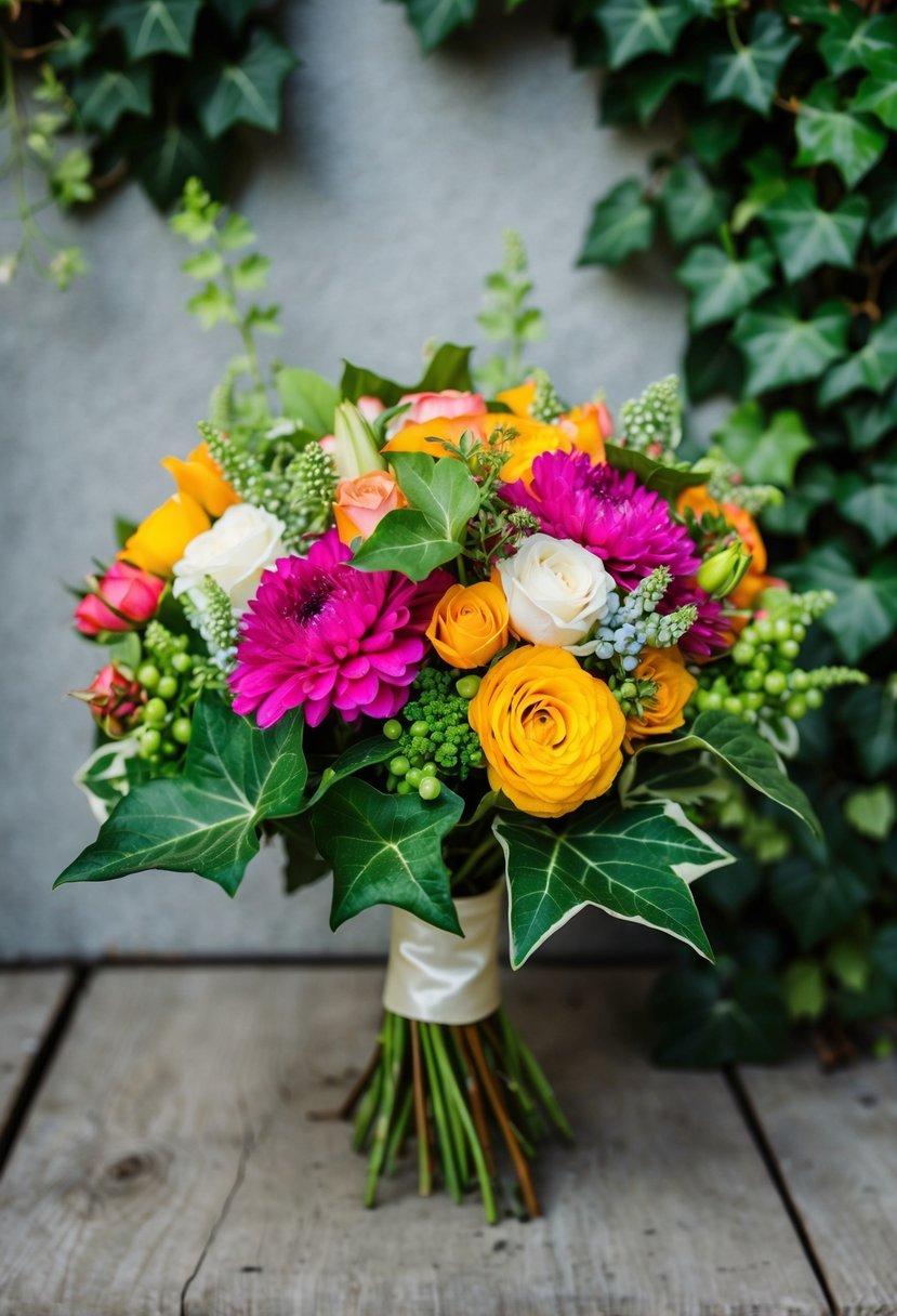 A vibrant bouquet of mixed seasonal flowers and ivy, evoking 80s wedding nostalgia