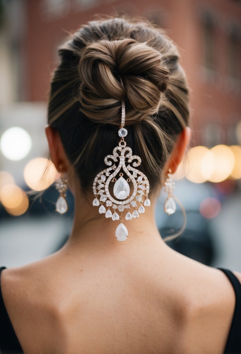 A white gold chandelier earring hanging from a low bun hairstyle