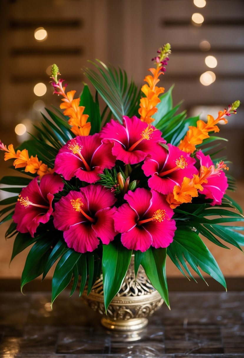 Vibrant hibiscus nosegays arranged with tropical foliage in a decorative Indian wedding bouquet