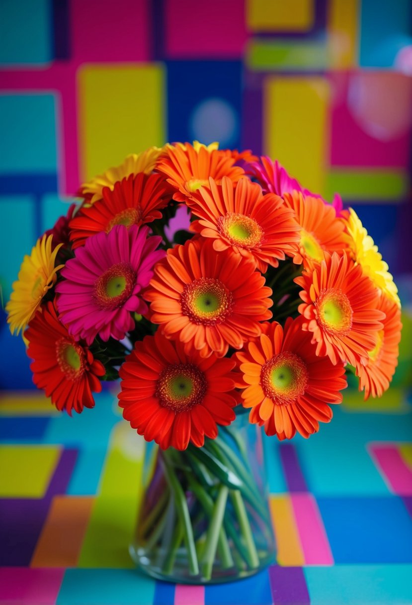 A vibrant bouquet of bright gerbera daisies arranged in an 80s-inspired style, with bold colors and playful, energetic vibes