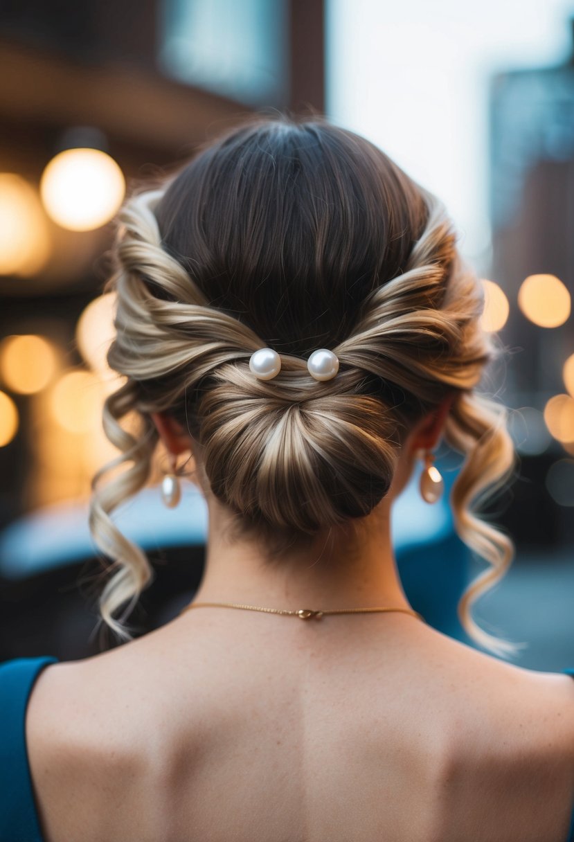 Two pearl studs nestled in a low bun hairstyle, with soft curls framing the face