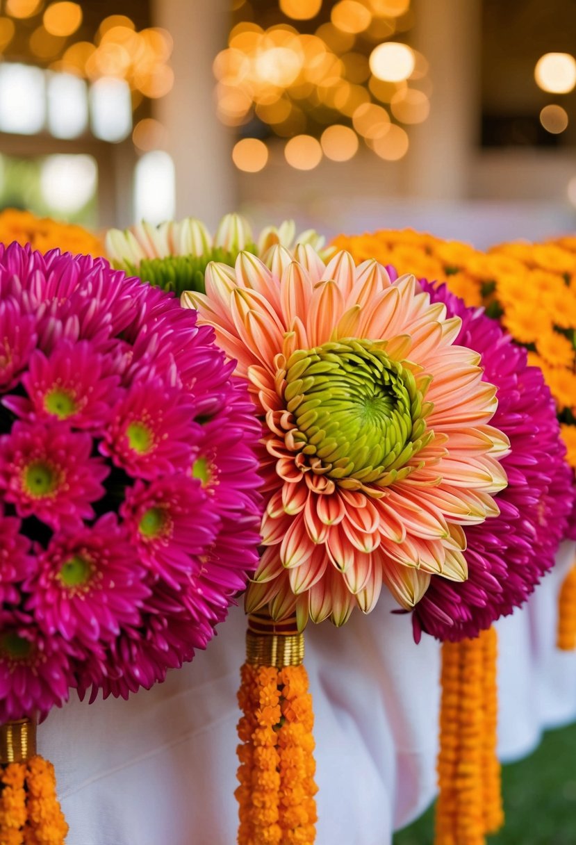 Vibrant chrysanthemum bouquets arranged in traditional Indian wedding style