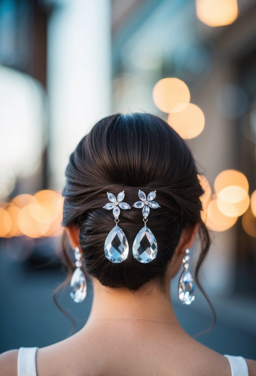 A close-up of a low bun hairstyle with crystal dangle earrings dangling elegantly