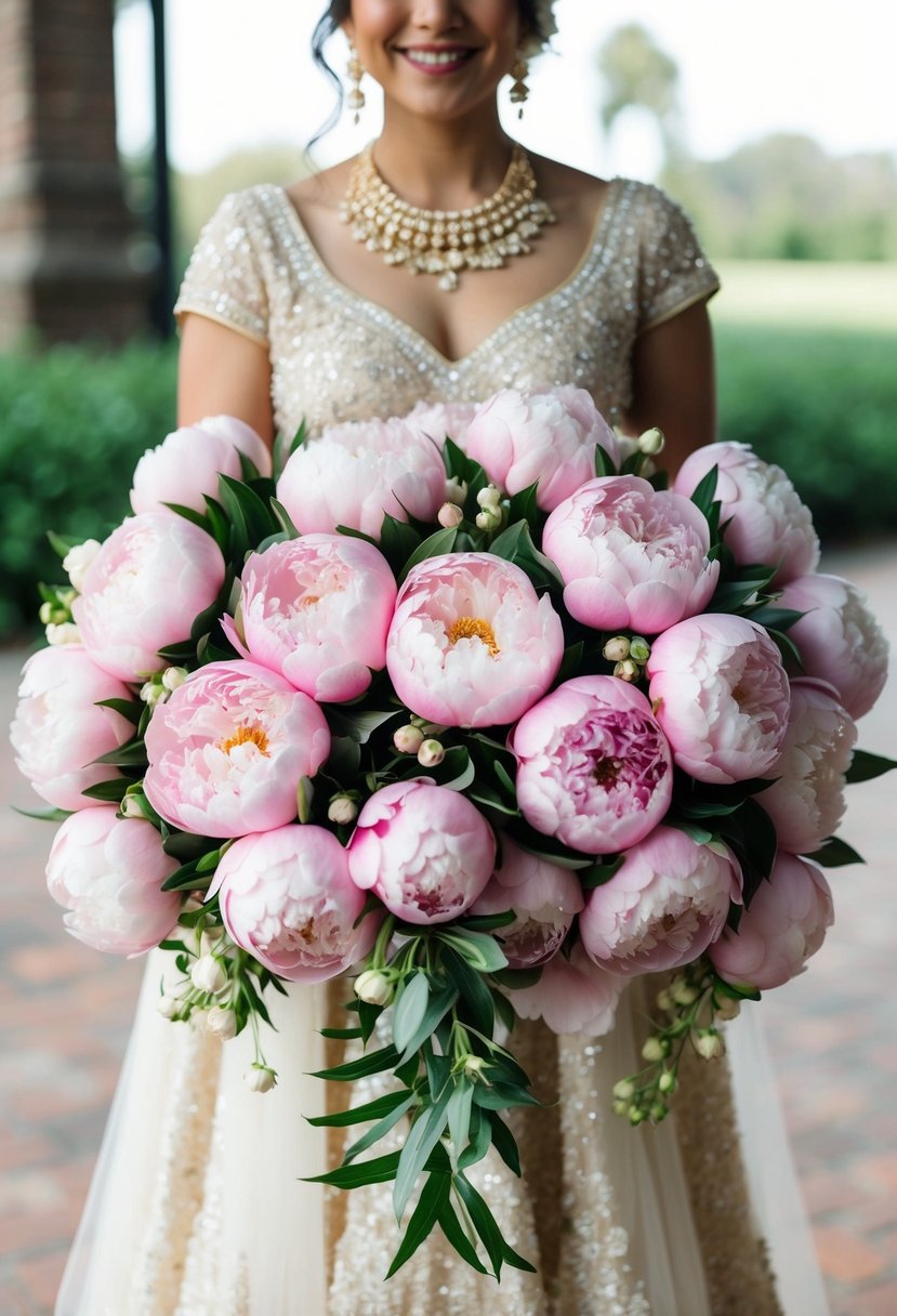 Glamorous peony bundles arranged in a cascading wedding bouquet with Indian bride inspiration