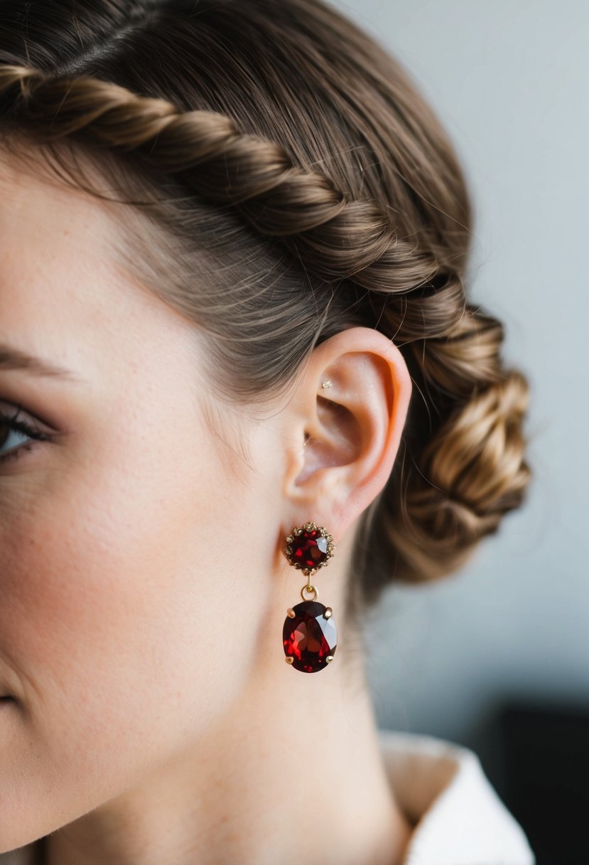 A close-up of vintage-inspired garnet earrings against a soft, low bun hairstyle, with delicate curls framing the ear