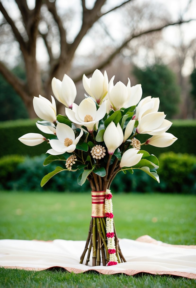 A lush bouquet of classic magnolia stalks, accented with traditional Indian wedding elements