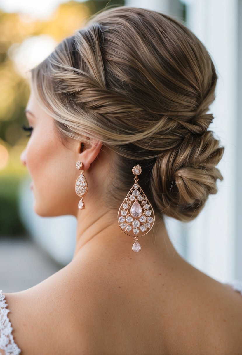 A close-up of elegant rose gold drop earrings dangling from a low bun hairstyle, perfect for a wedding