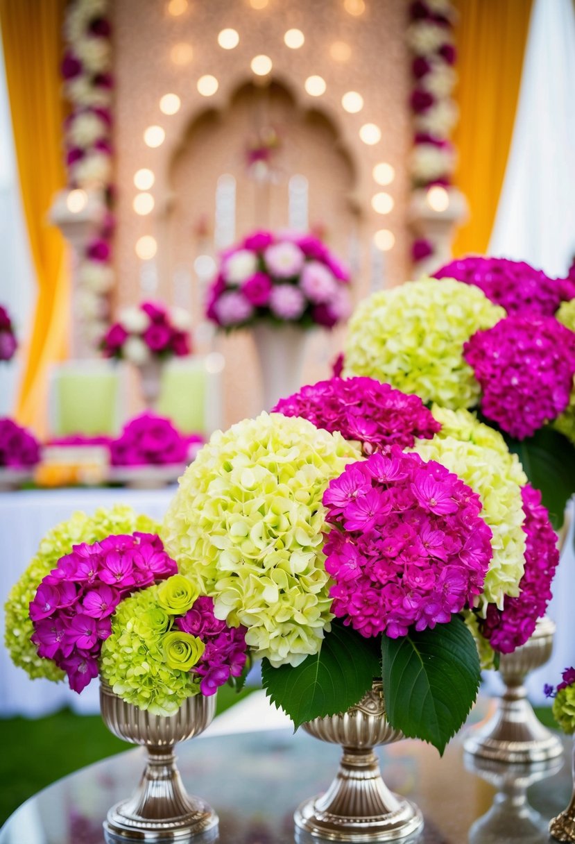 Lush, vibrant hydrangea bouquets arranged in elegant vases, set against a backdrop of intricate Indian wedding decor